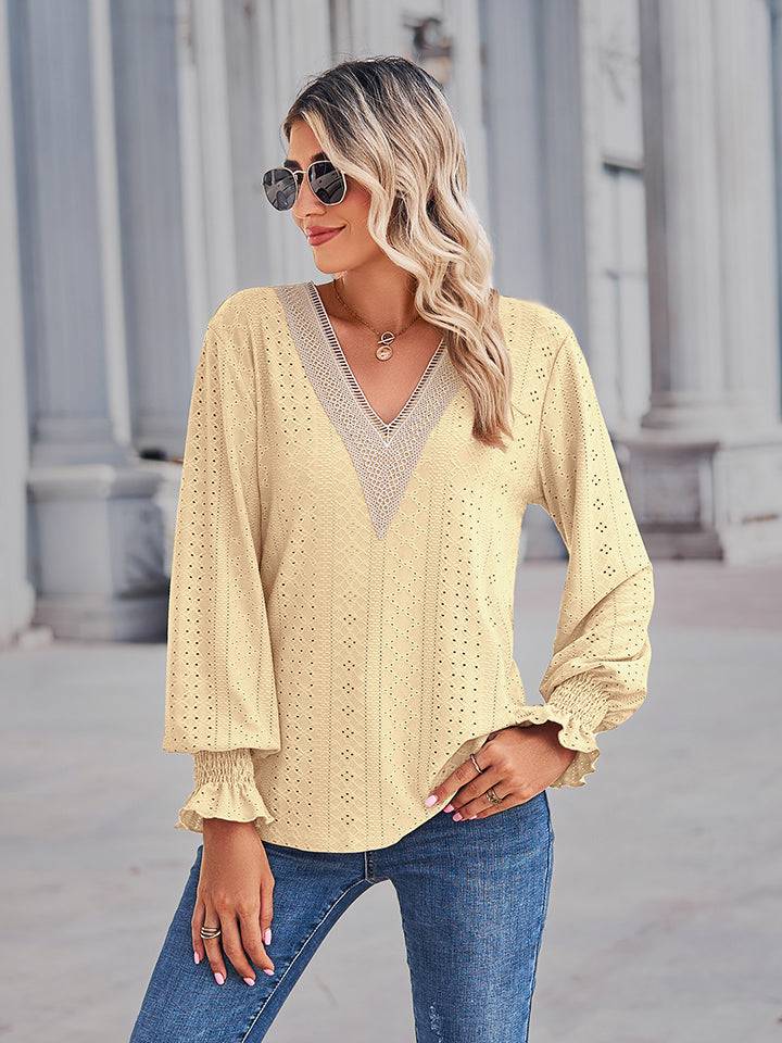 V-Neck Eyelet Blouse | Feminine Elegance with Flounce Sleeves