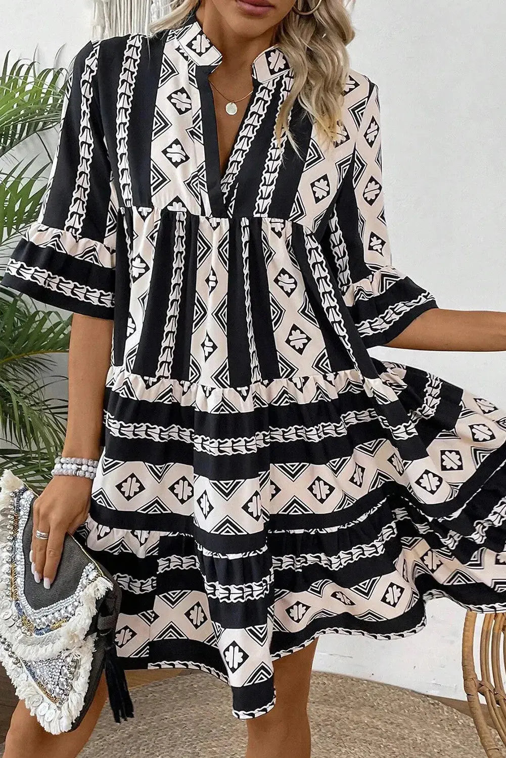 Elegant Tiered Notched Neck Dress with Half Sleeves