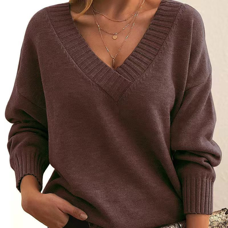 Solid V-neck Sweater Fashion Loose Long-sleeved Knitted Tops Autumn And Winter Women&#39;s Clothing