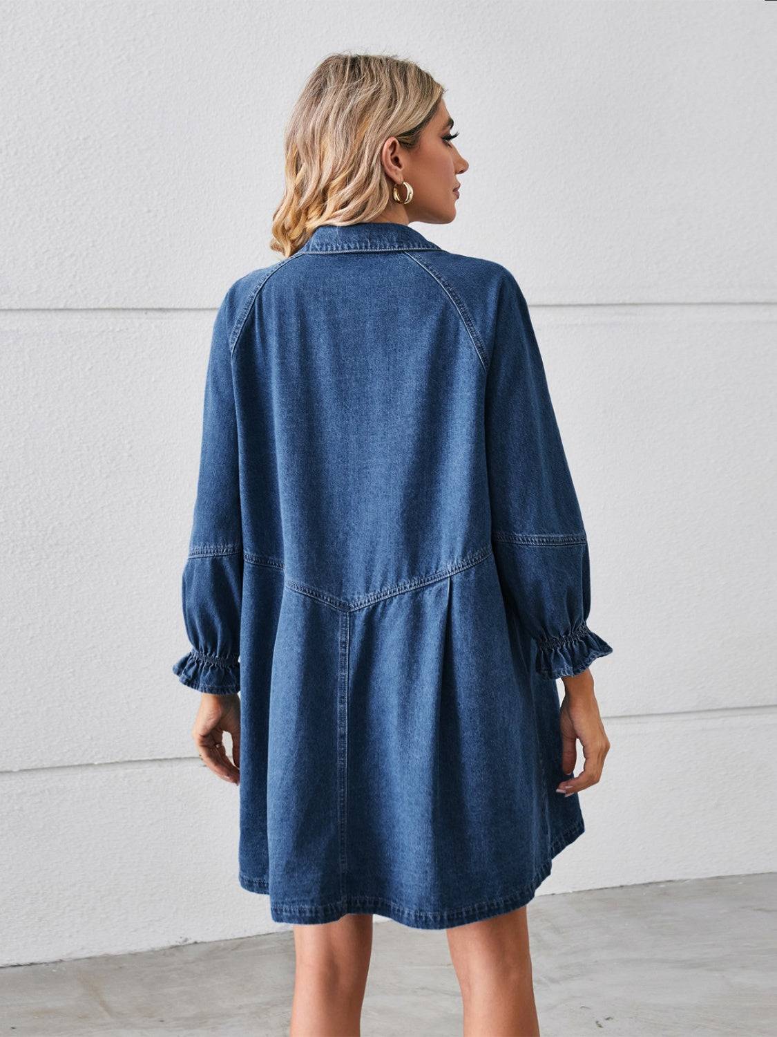 Classic Flounce Sleeve Denim Mini Dress with Button-Up Front