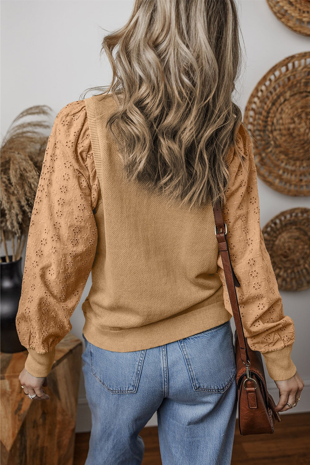 Chic Eyelet Detail Round Neck Sweatshirt - SleekrMe