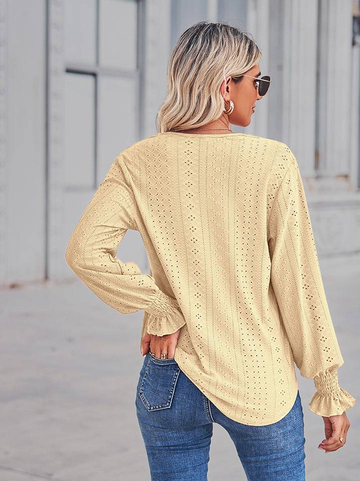 V-Neck Eyelet Blouse | Feminine Elegance with Flounce Sleeves