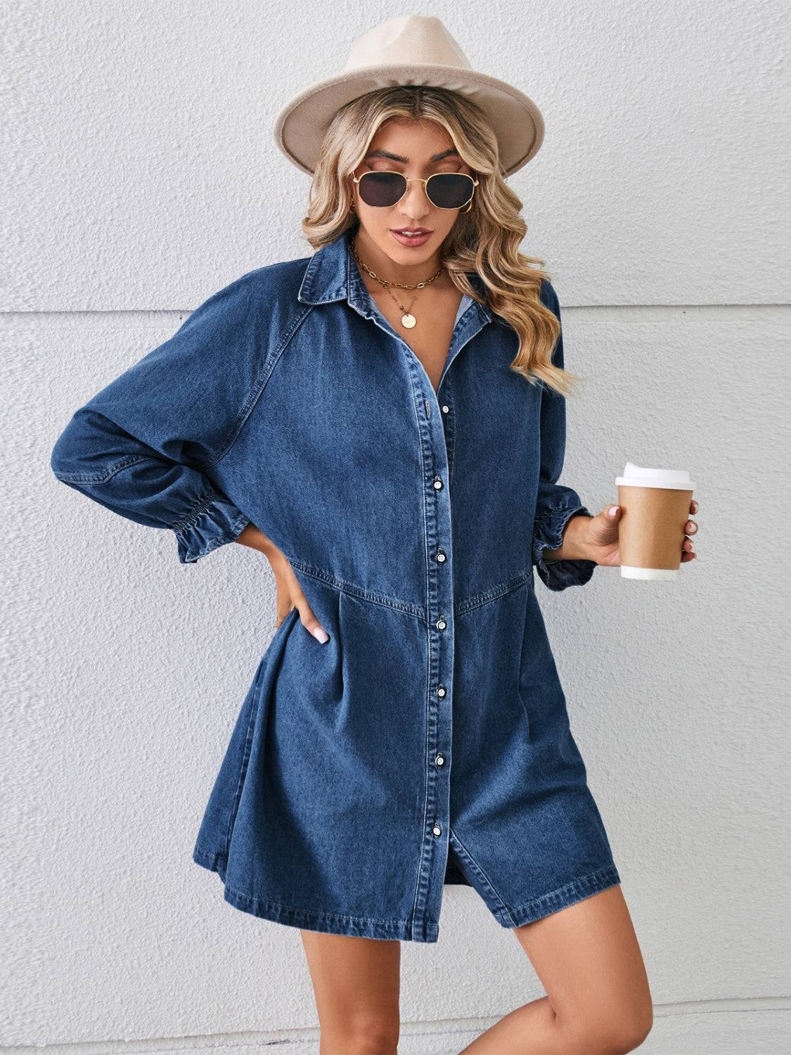 Classic Flounce Sleeve Denim Mini Dress with Button-Up Front