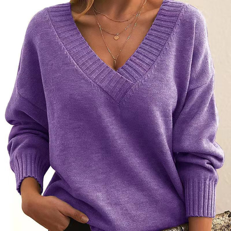 Solid V-neck Sweater Fashion Loose Long-sleeved Knitted Tops Autumn And Winter Women&#39;s Clothing