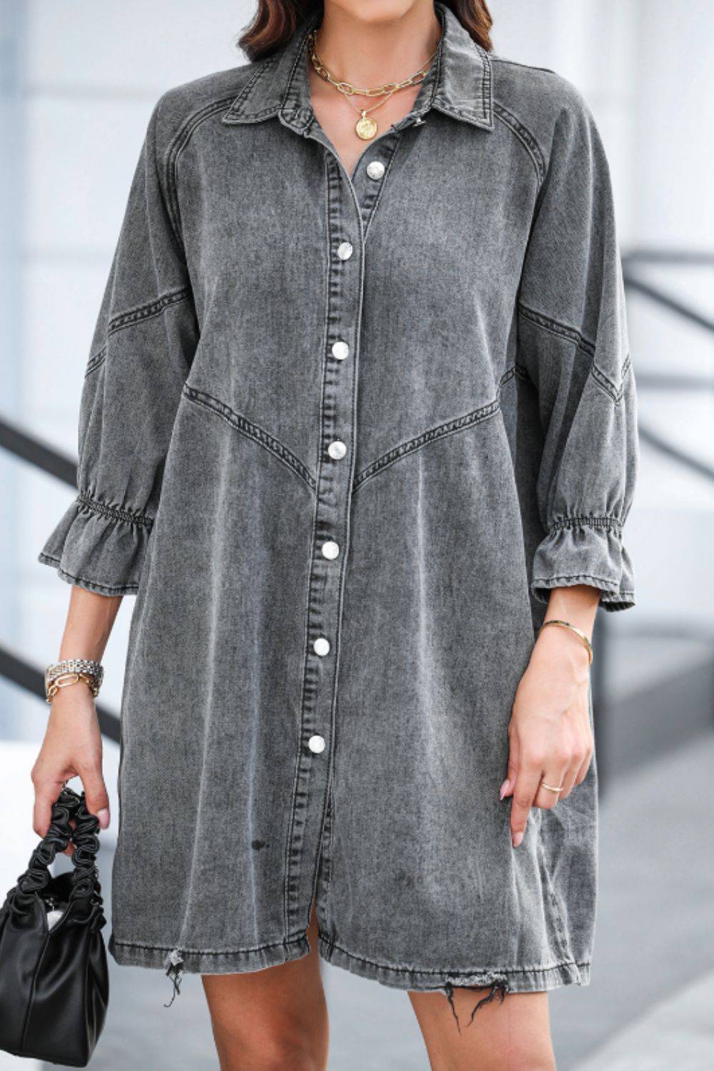 Distressed Denim Dress with Flounce Sleeves | Timeless Casual Elegance