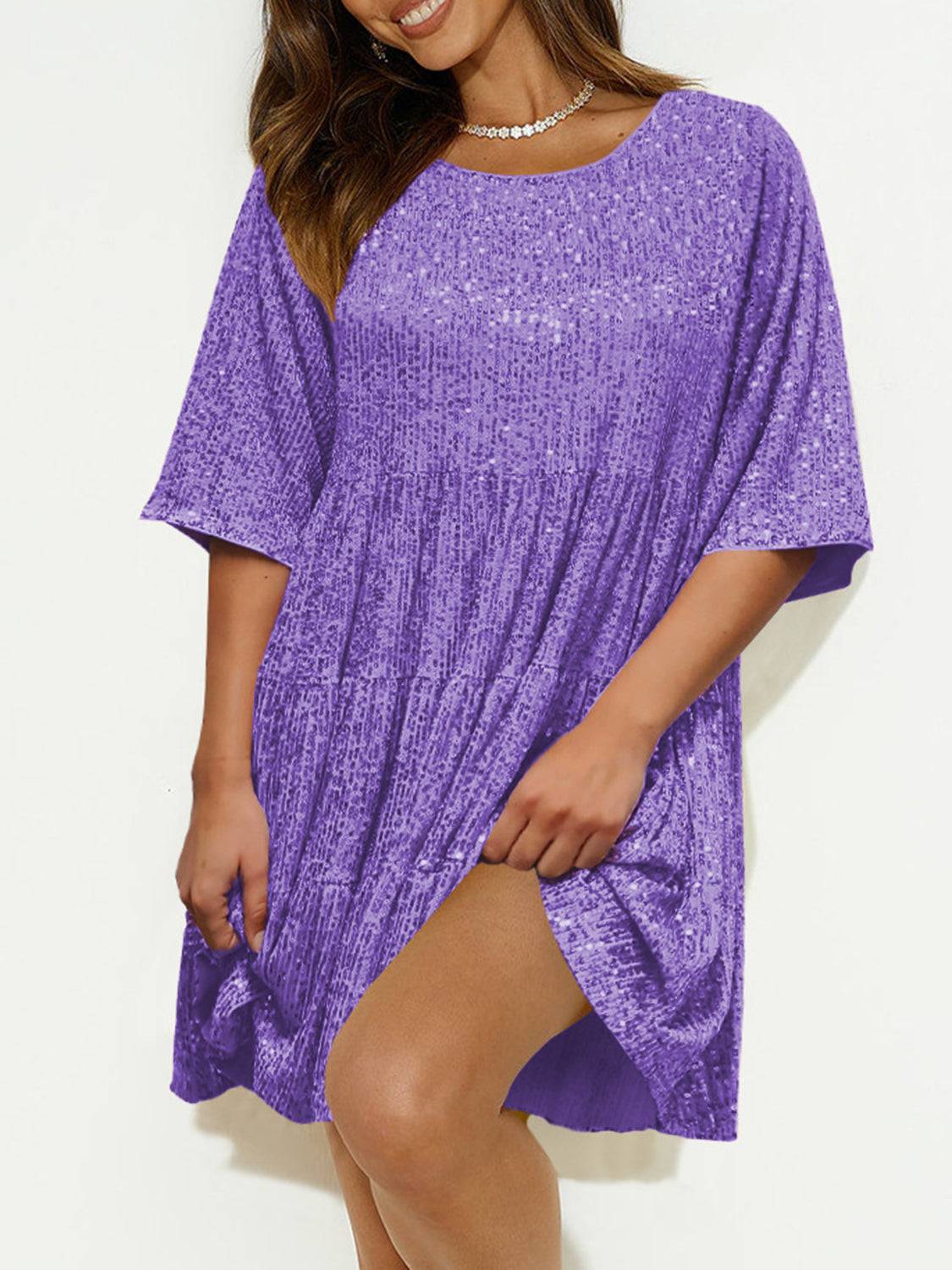 Sequin Mini Dress | Round Neck and Half Sleeve Sparkle Dress