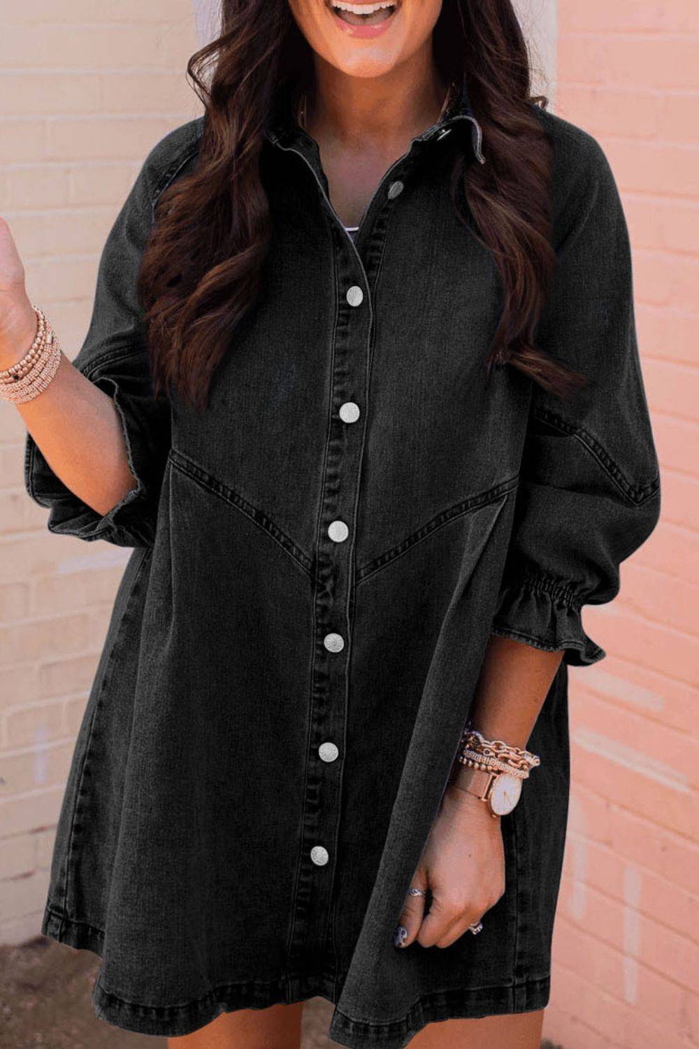 Distressed Denim Dress with Flounce Sleeves | Timeless Casual Elegance
