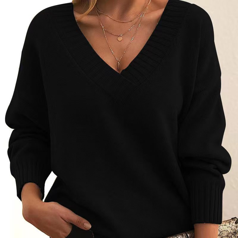 Solid V-neck Sweater Fashion Loose Long-sleeved Knitted Tops Autumn And Winter Women&#39;s Clothing