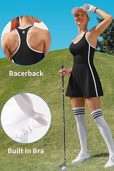 V-Neck Racerback Tennis or Pickleball Dress with Built-in Bra and Dual Pockets