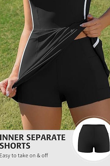 V-Neck Racerback Tennis or Pickleball Dress with Built-in Bra and Dual Pockets