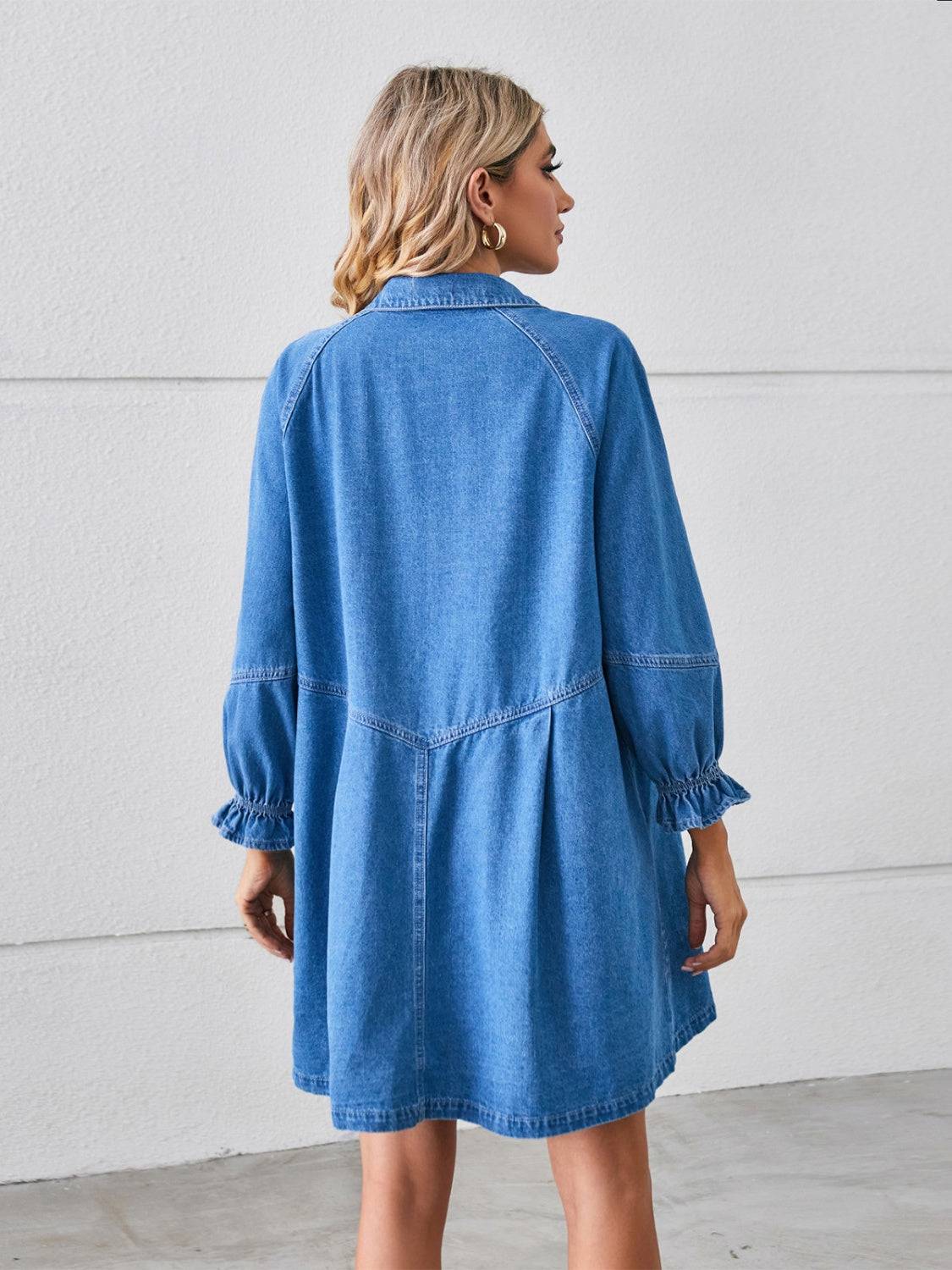Classic Flounce Sleeve Denim Mini Dress with Button-Up Front
