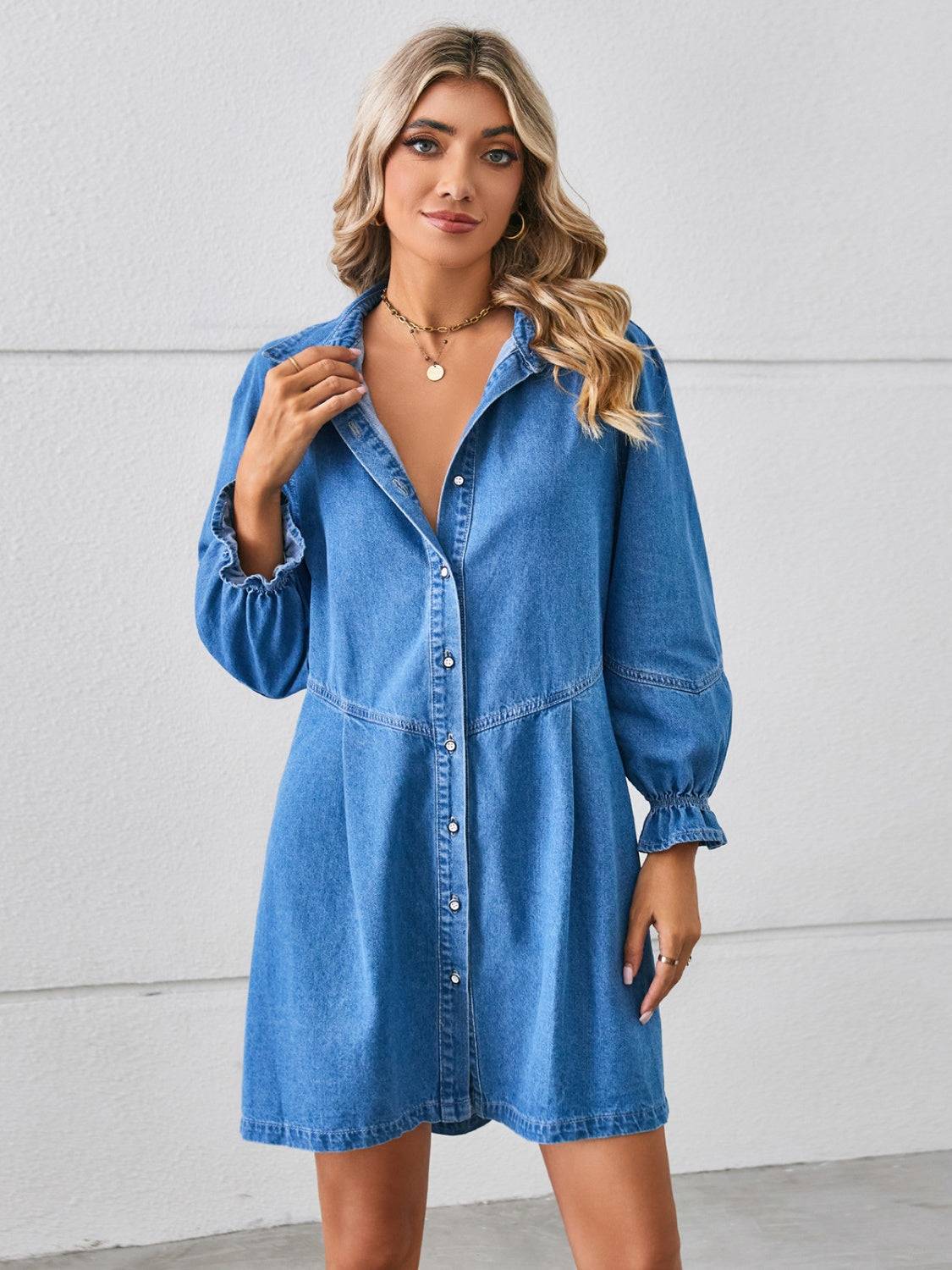Classic Flounce Sleeve Denim Mini Dress with Button-Up Front