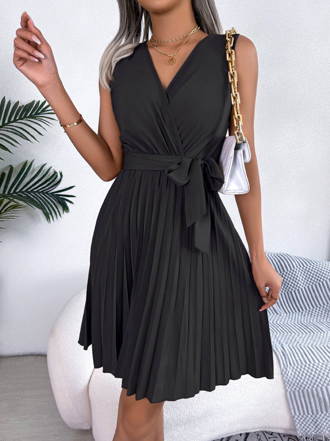 Elegant Pleated Surplice Tie Dress with Flattering Waist