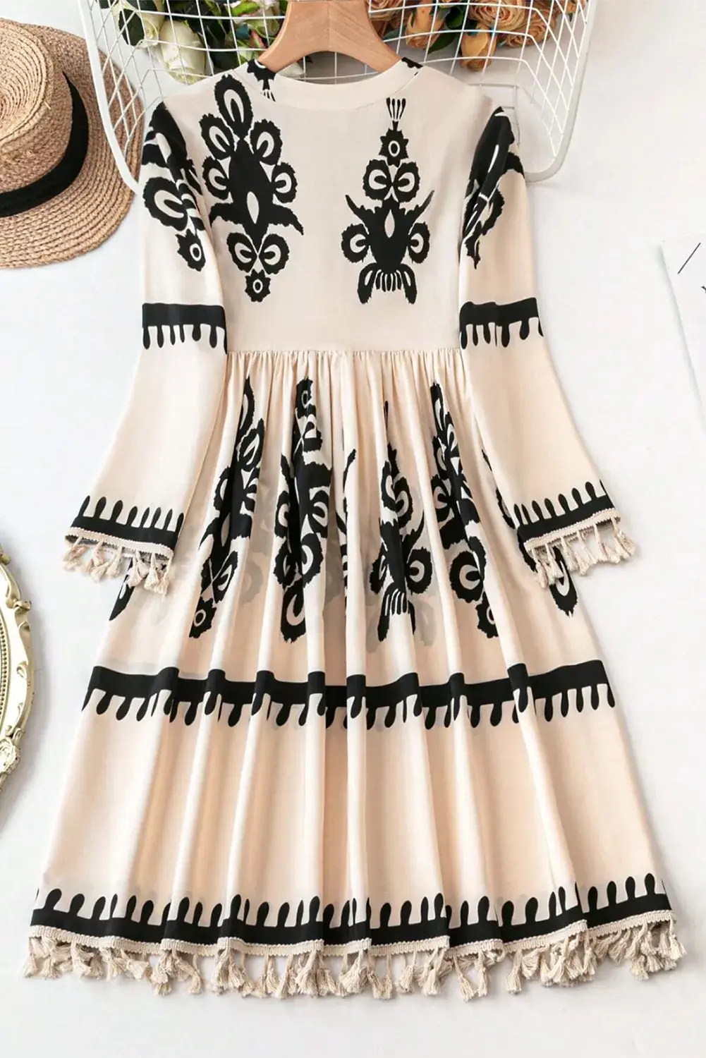 Effortlessly Chic Boho Tassel Mini Dress with Three-Quarter Sleeves