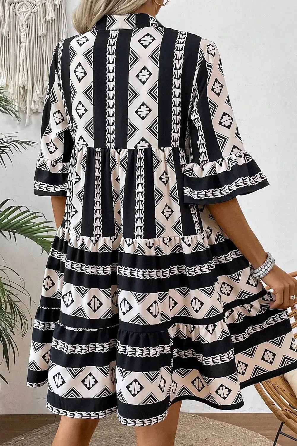 Elegant Tiered Notched Neck Dress with Half Sleeves