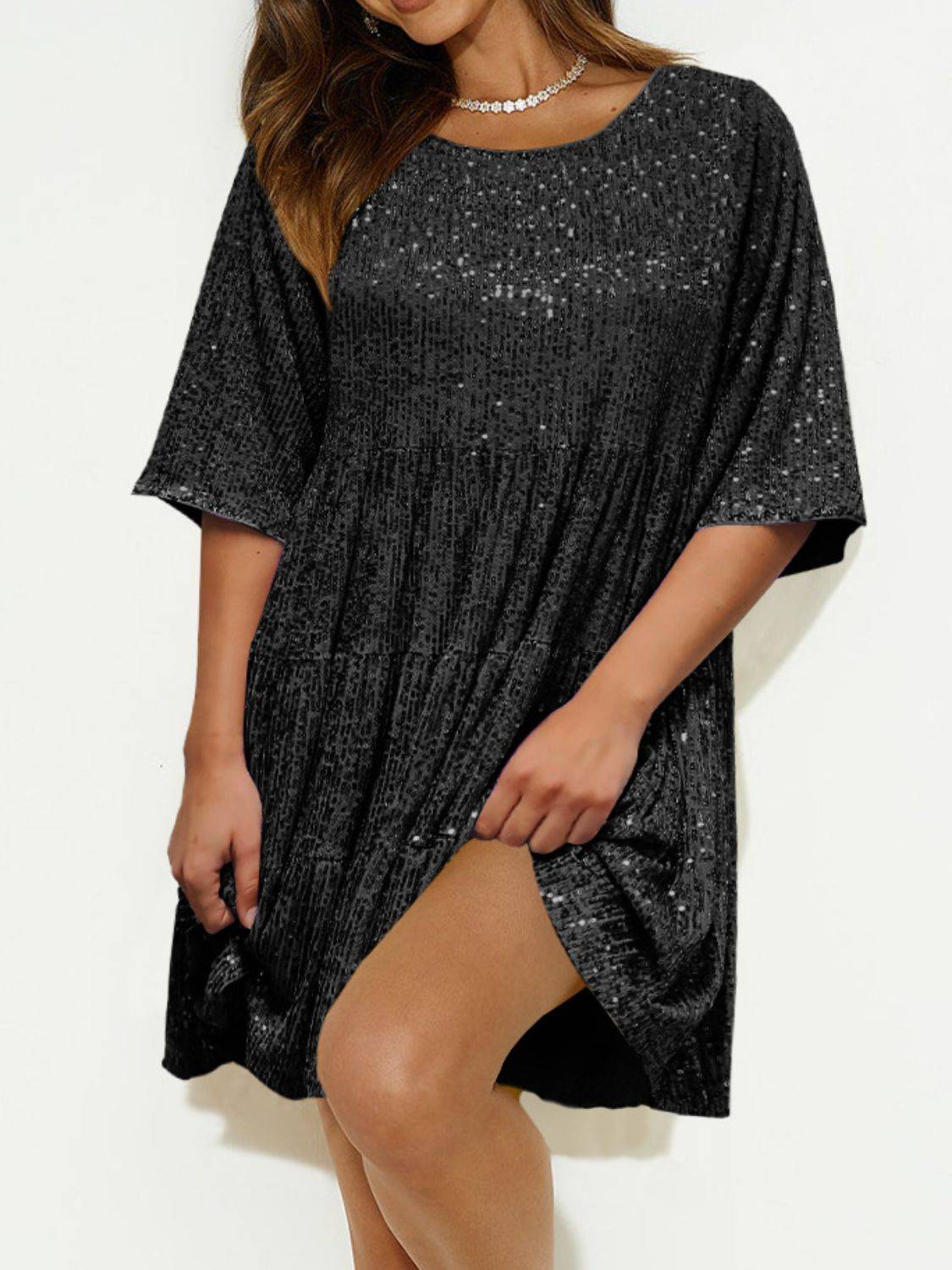 Sequin Mini Dress | Round Neck and Half Sleeve Sparkle Dress