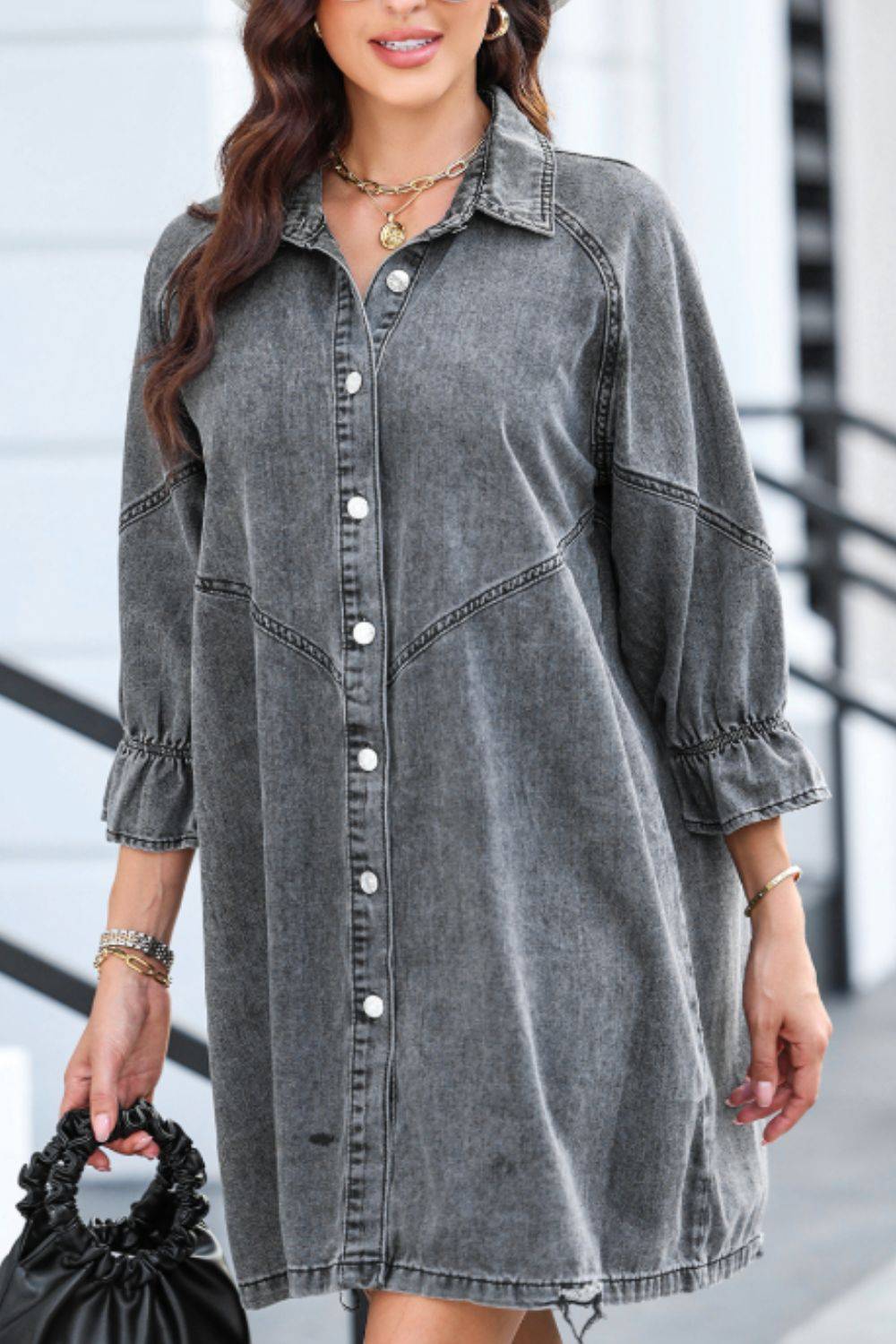 Distressed Denim Dress with Flounce Sleeves | Timeless Casual Elegance