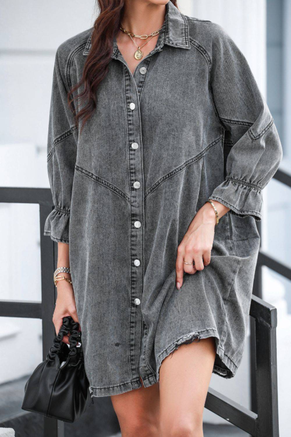 Distressed Denim Dress with Flounce Sleeves | Timeless Casual Elegance