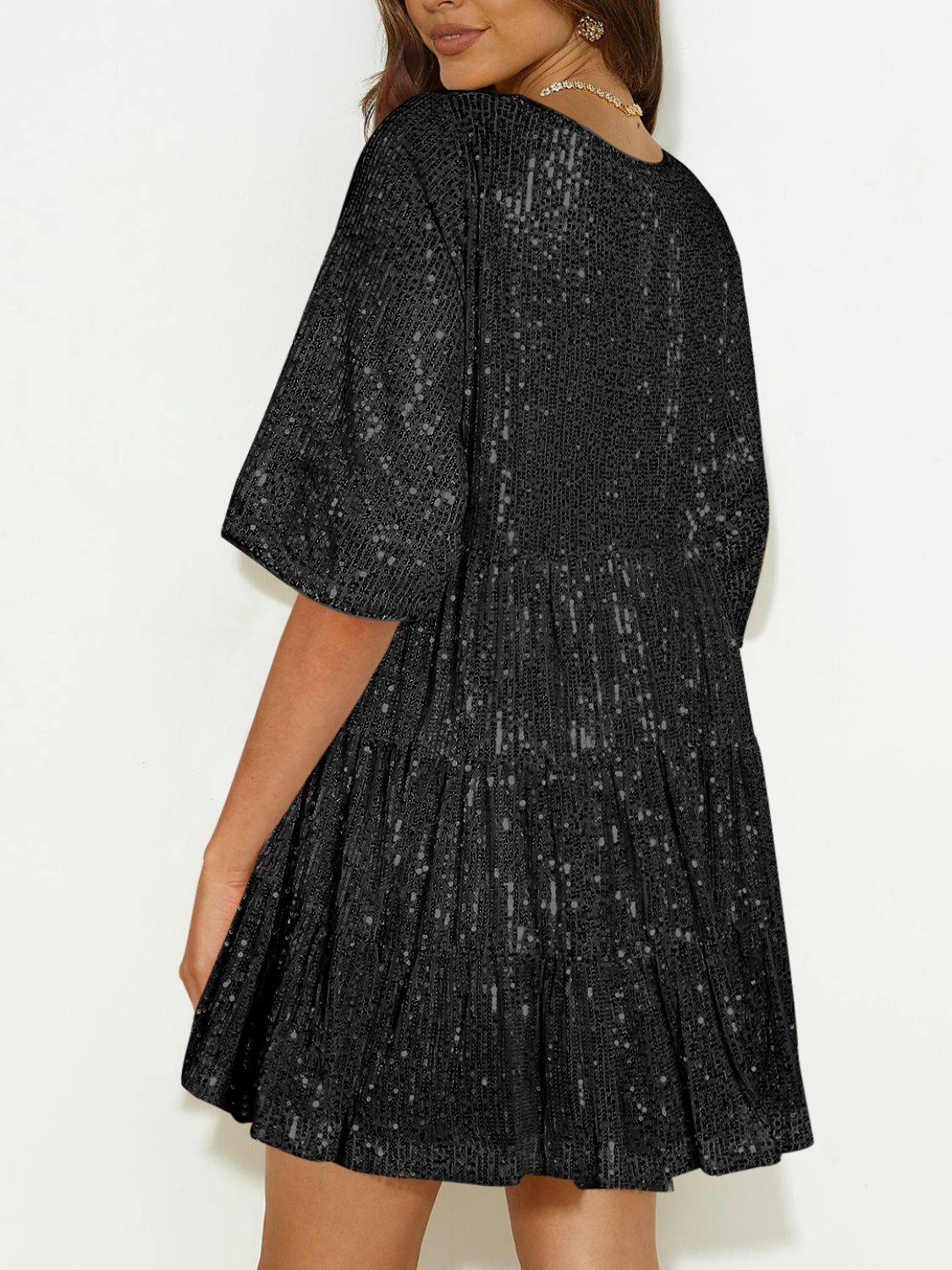 Sequin Mini Dress | Round Neck and Half Sleeve Sparkle Dress