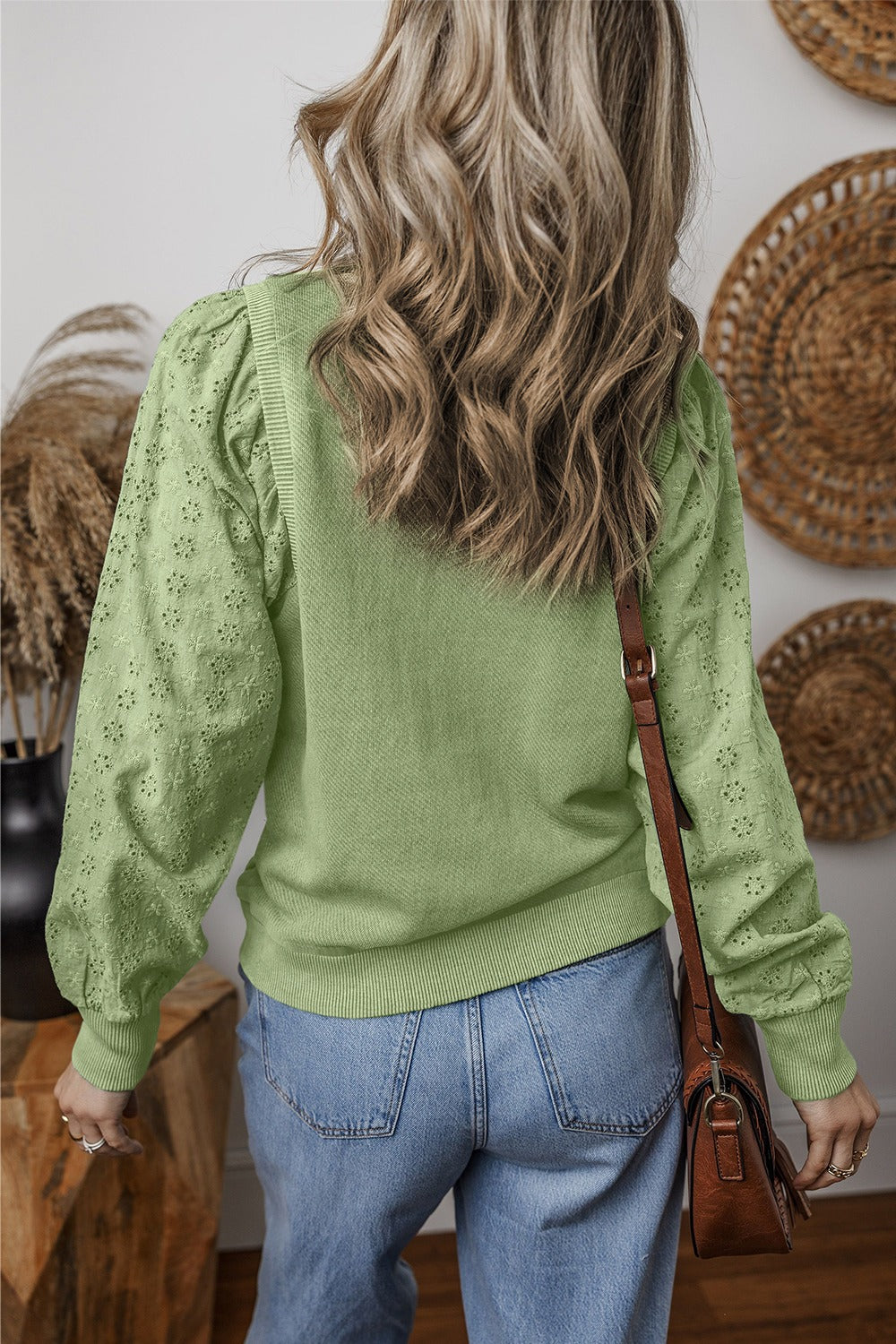 Chic Eyelet Detail Round Neck Sweatshirt - SleekrMe