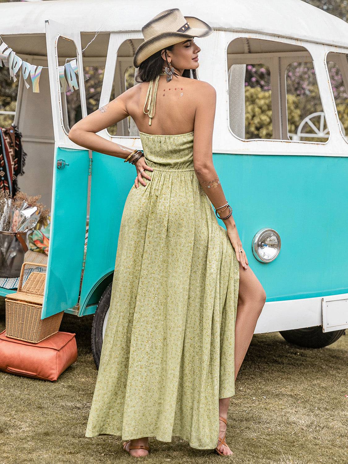 Boho Tie-Front Button-Down Halter Maxi Dress