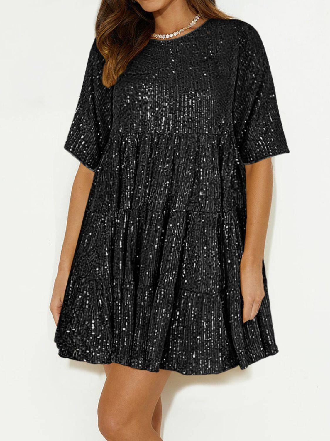 Sequin Mini Dress | Round Neck and Half Sleeve Sparkle Dress