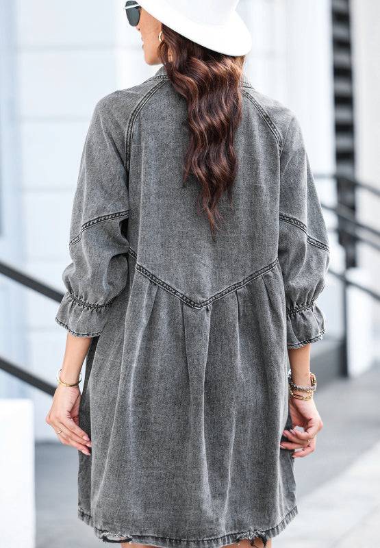 Distressed Denim Dress with Flounce Sleeves | Timeless Casual Elegance