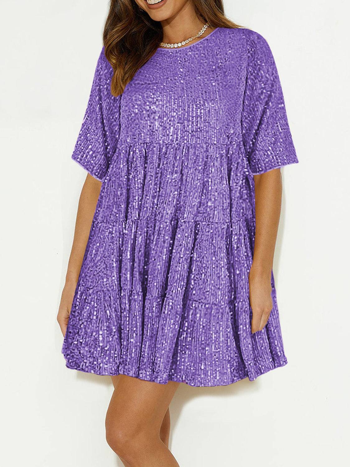 Sequin Mini Dress | Round Neck and Half Sleeve Sparkle Dress
