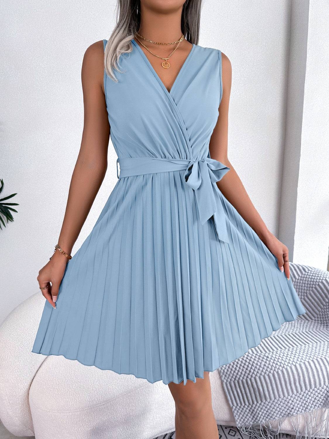 Elegant Pleated Surplice Tie Dress with Flattering Waist