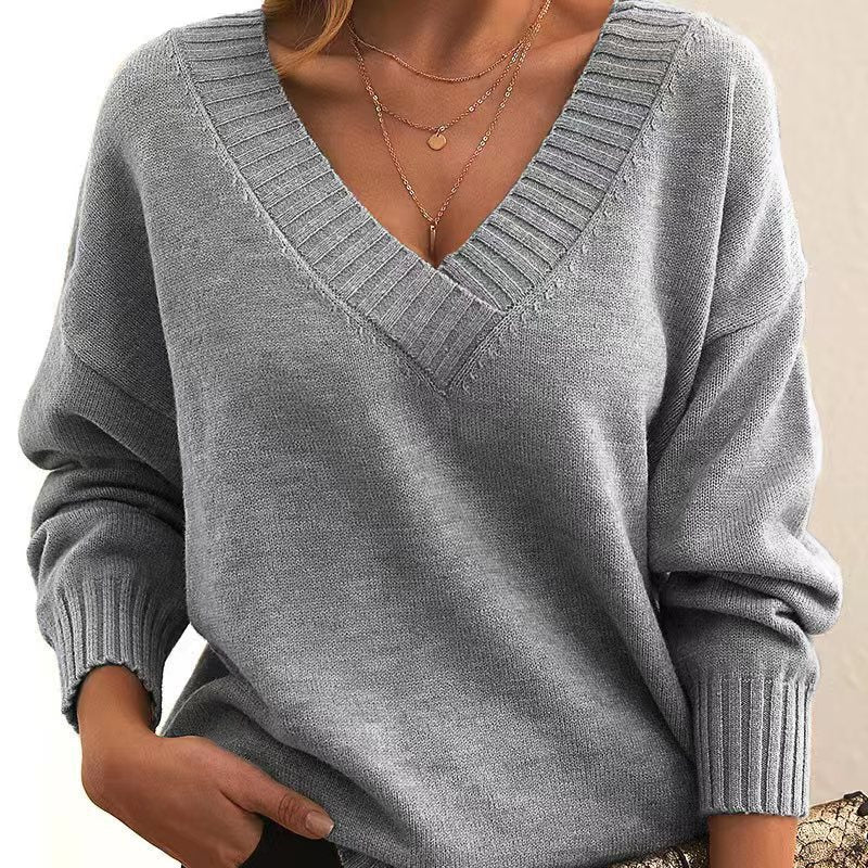 Solid V-neck Sweater Fashion Loose Long-sleeved Knitted Tops Autumn And Winter Women&#39;s Clothing