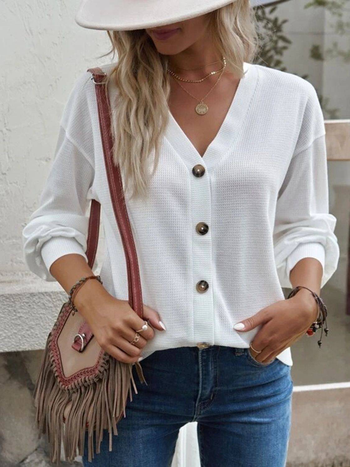 V-Neck Waffle Knit Blouse with Long Sleeves | Casual Everyday Style
