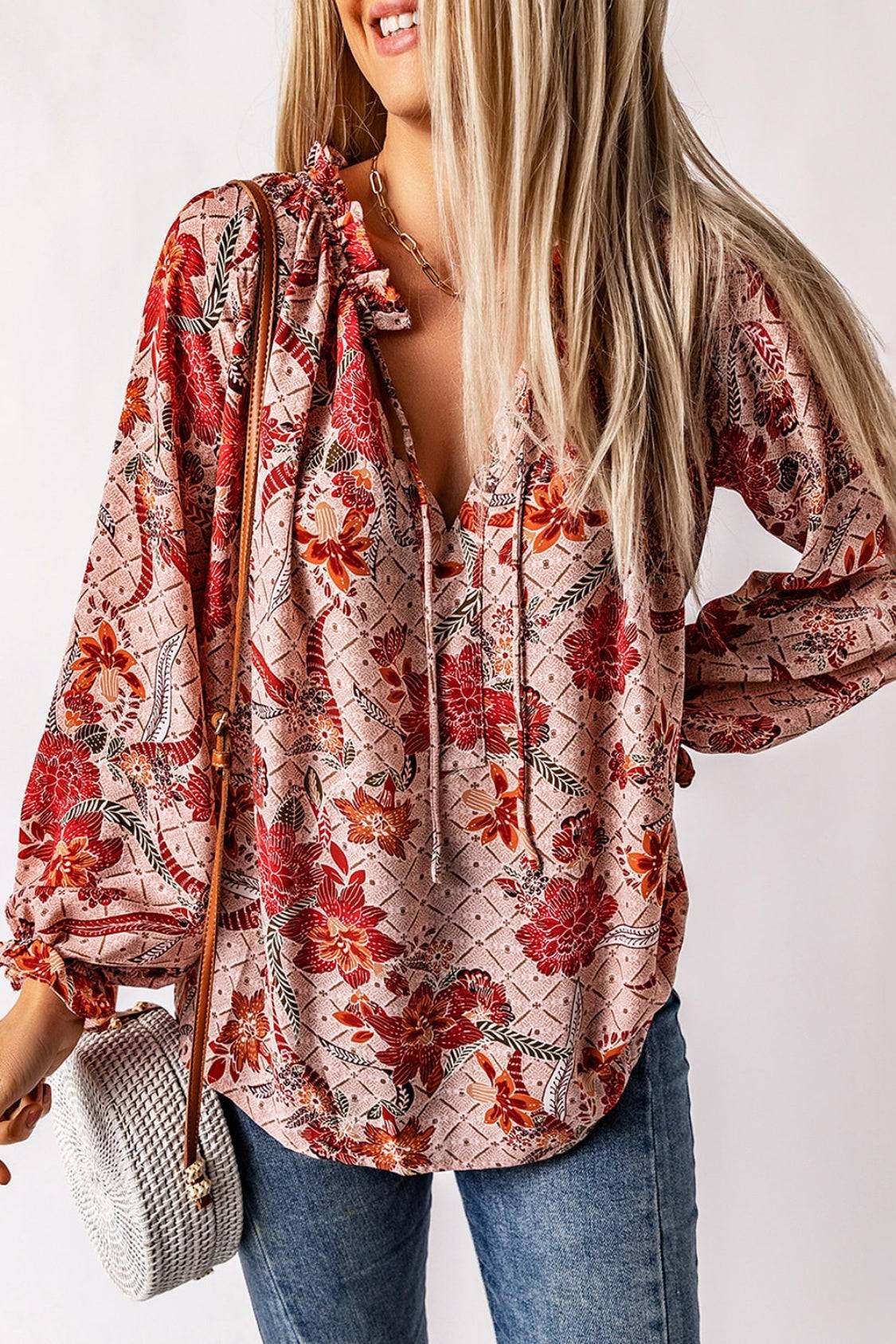 Floral Tie Neck Blouse with Flounce Sleeves | Timeless Style