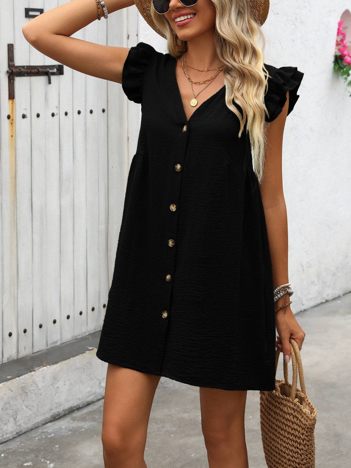 Button Up Mini Dress with V-Neck and Ruffled Sleeves
