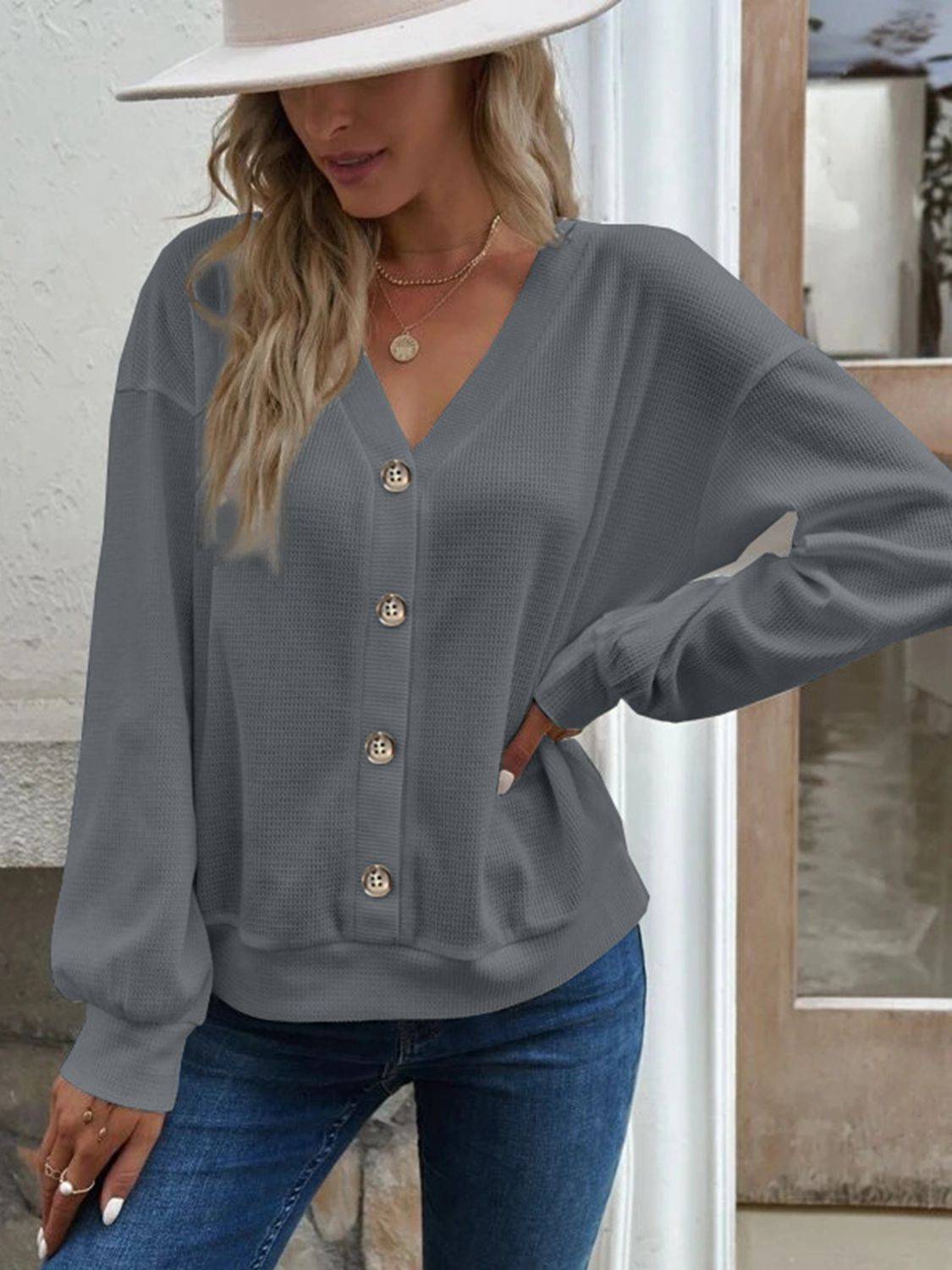 V-Neck Waffle Knit Blouse with Long Sleeves | Casual Everyday Style