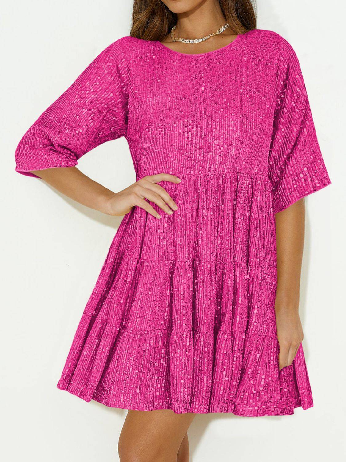 Sequin Mini Dress | Round Neck and Half Sleeve Sparkle Dress