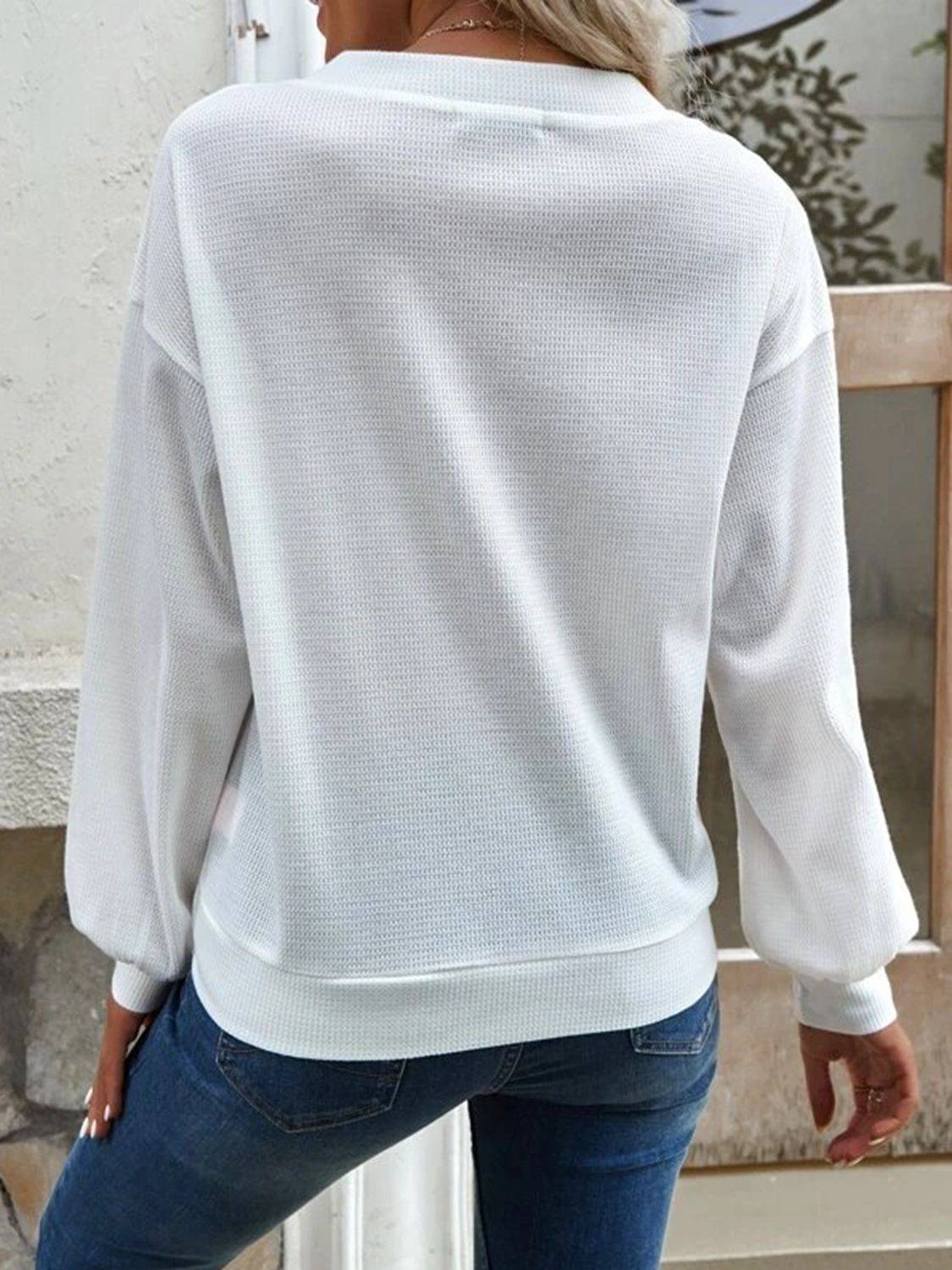 V-Neck Waffle Knit Blouse with Long Sleeves | Casual Everyday Style