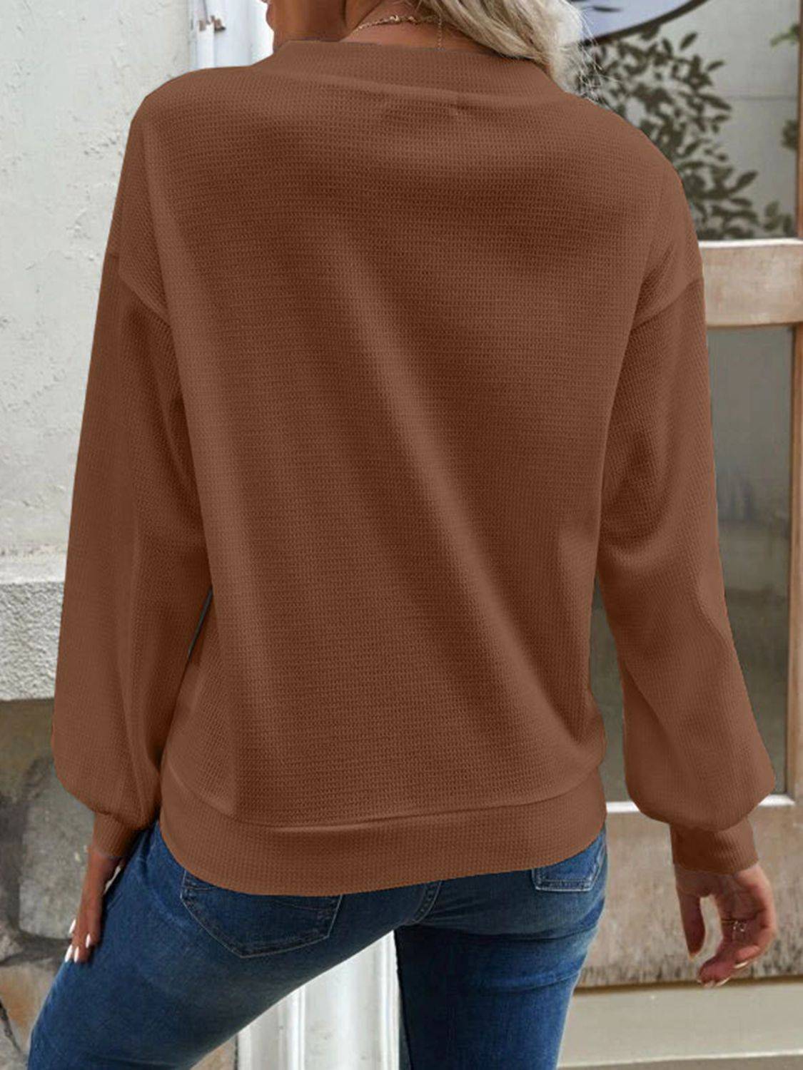 V-Neck Waffle Knit Blouse with Long Sleeves | Casual Everyday Style