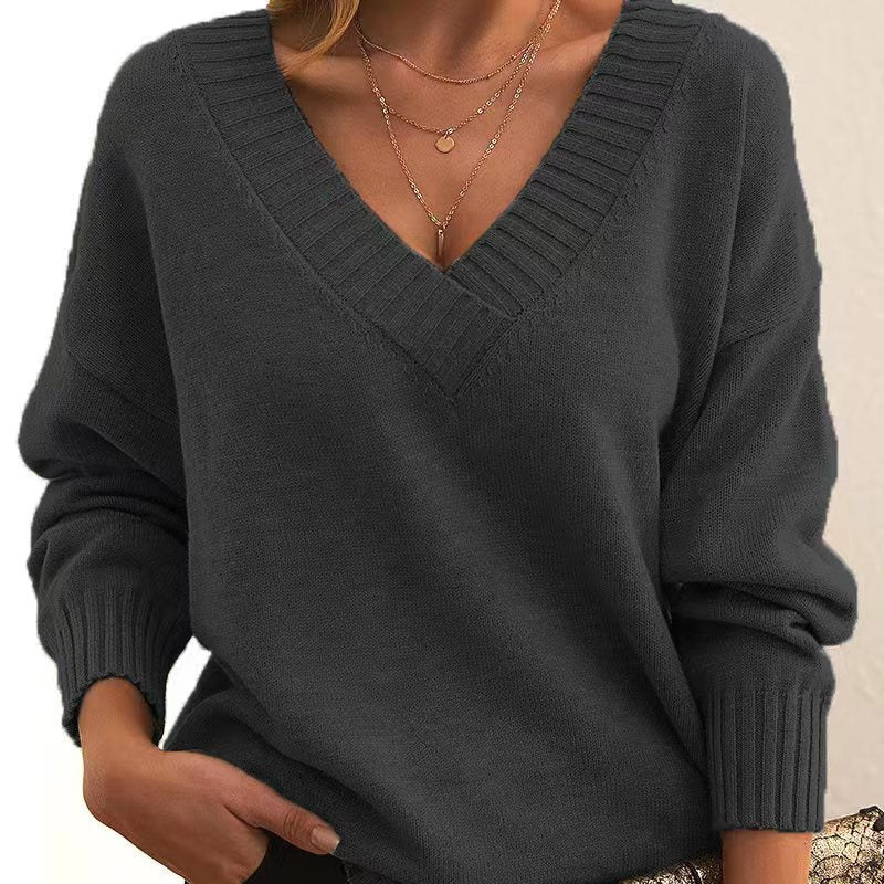 Solid V-neck Sweater Fashion Loose Long-sleeved Knitted Tops Autumn And Winter Women&#39;s Clothing