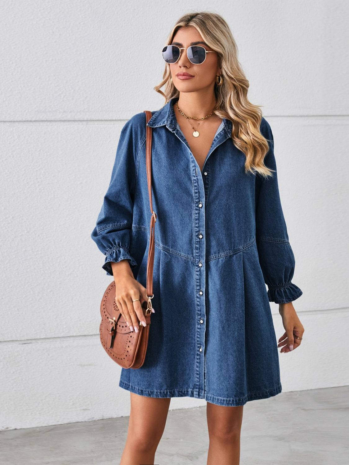 Classic Flounce Sleeve Denim Mini Dress with Button-Up Front