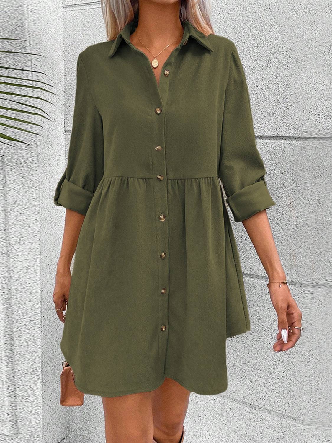 Classic Button-Up Collared Dress with Rolled Sleeves