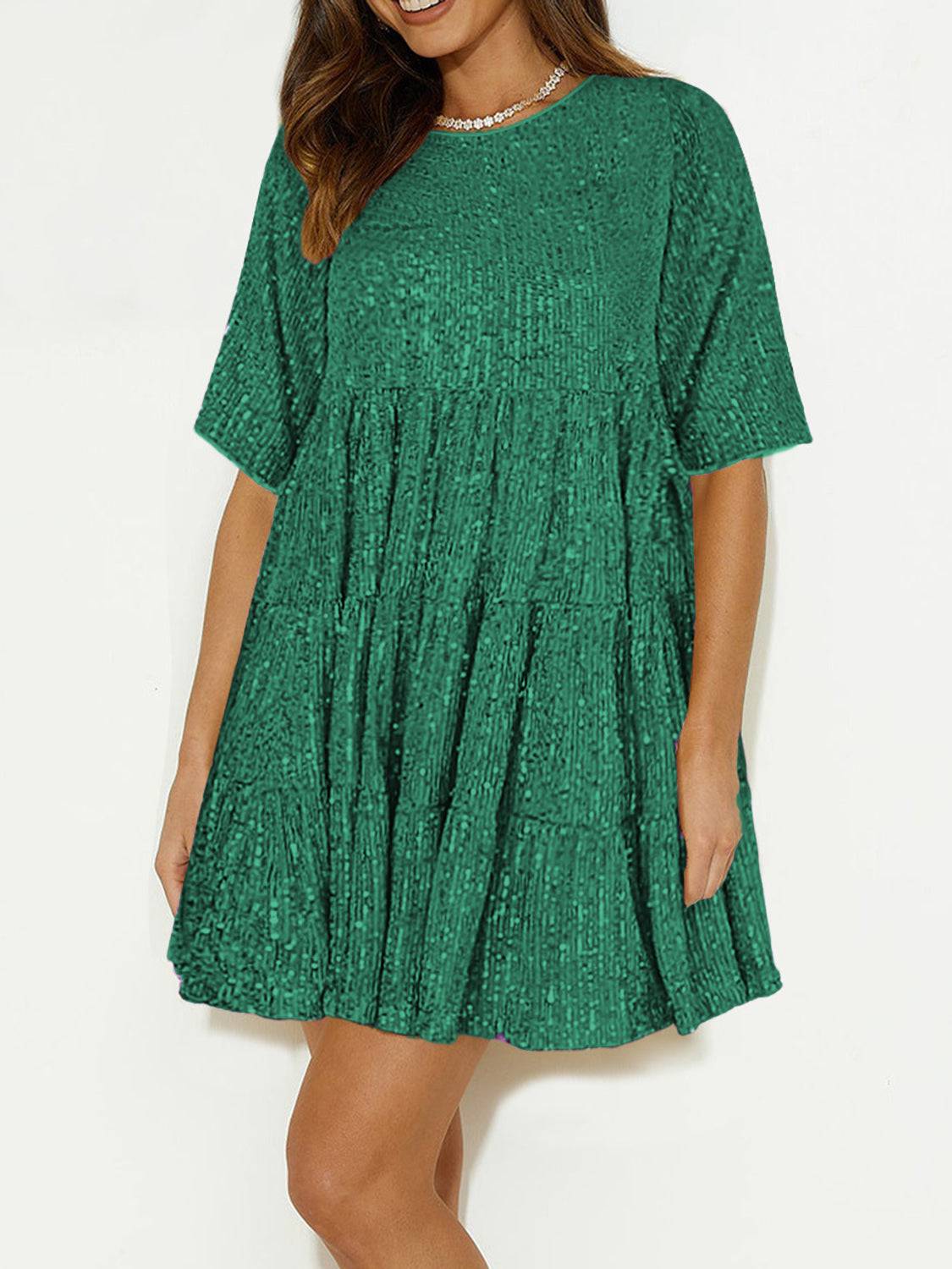 Sequin Mini Dress | Round Neck and Half Sleeve Sparkle Dress