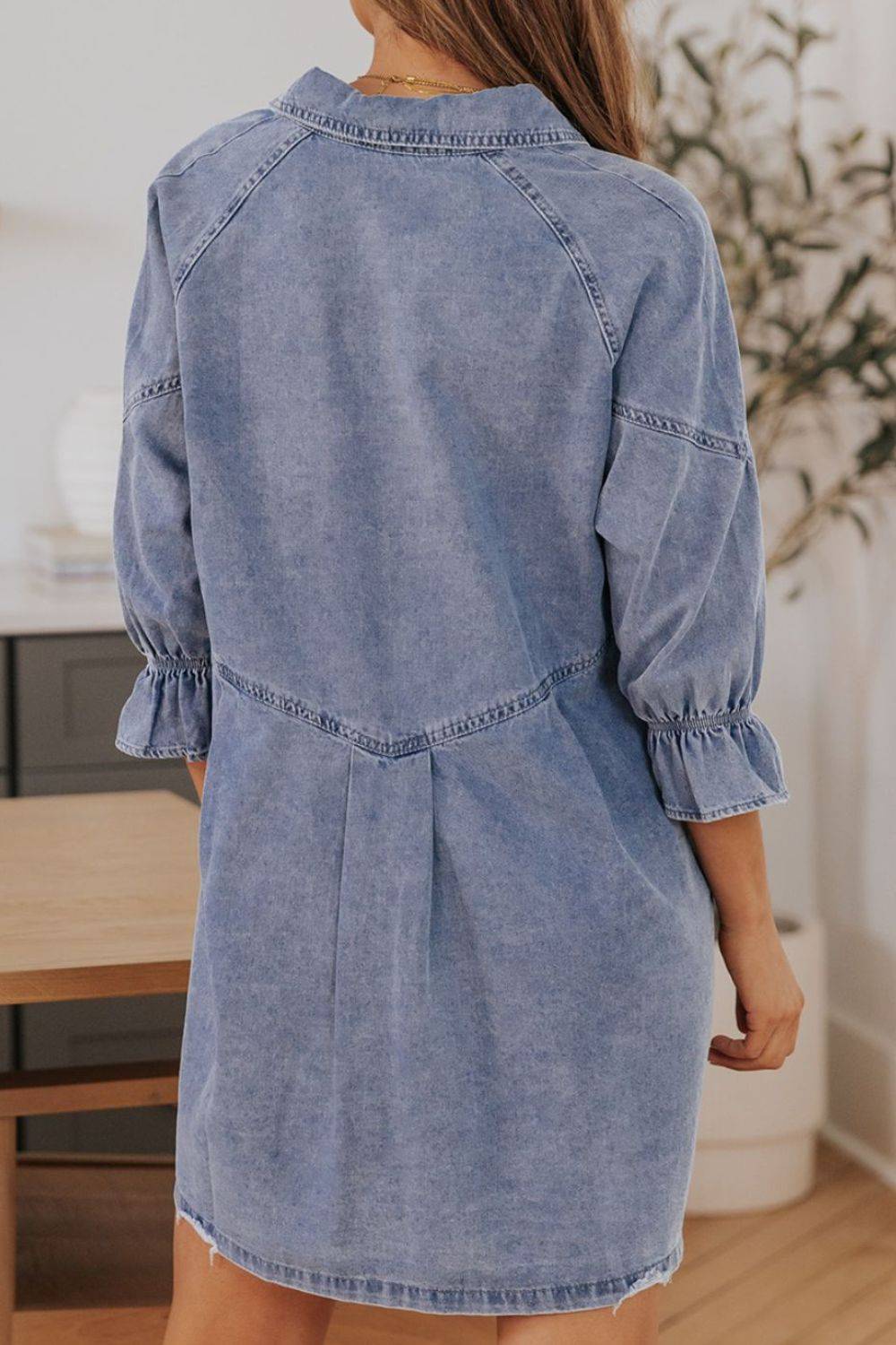Distressed Denim Dress with Flounce Sleeves | Timeless Casual Elegance