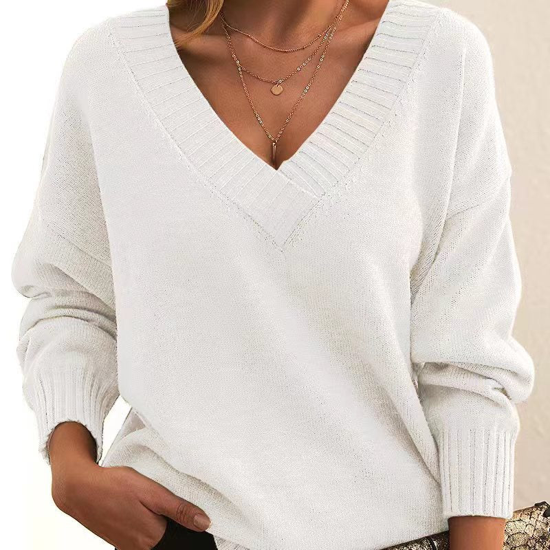 Solid V-neck Sweater Fashion Loose Long-sleeved Knitted Tops Autumn And Winter Women&#39;s Clothing