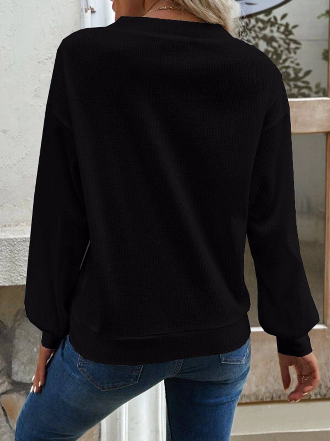 V-Neck Waffle Knit Blouse with Long Sleeves | Casual Everyday Style