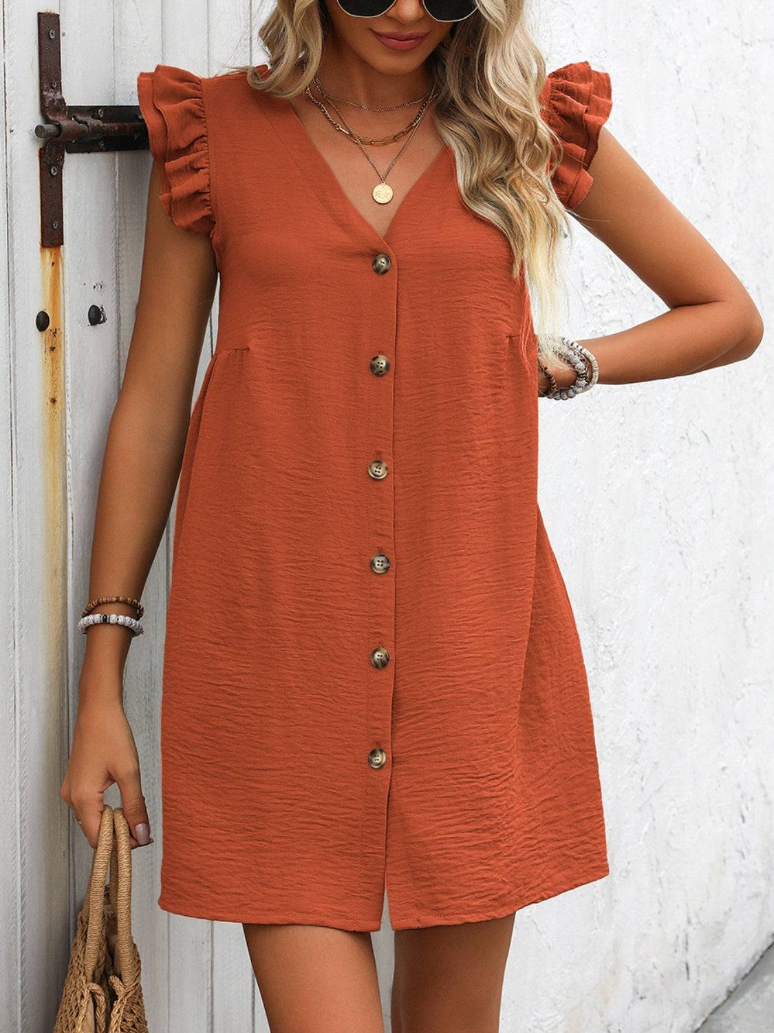 Button Up Mini Dress with V-Neck and Ruffled Sleeves
