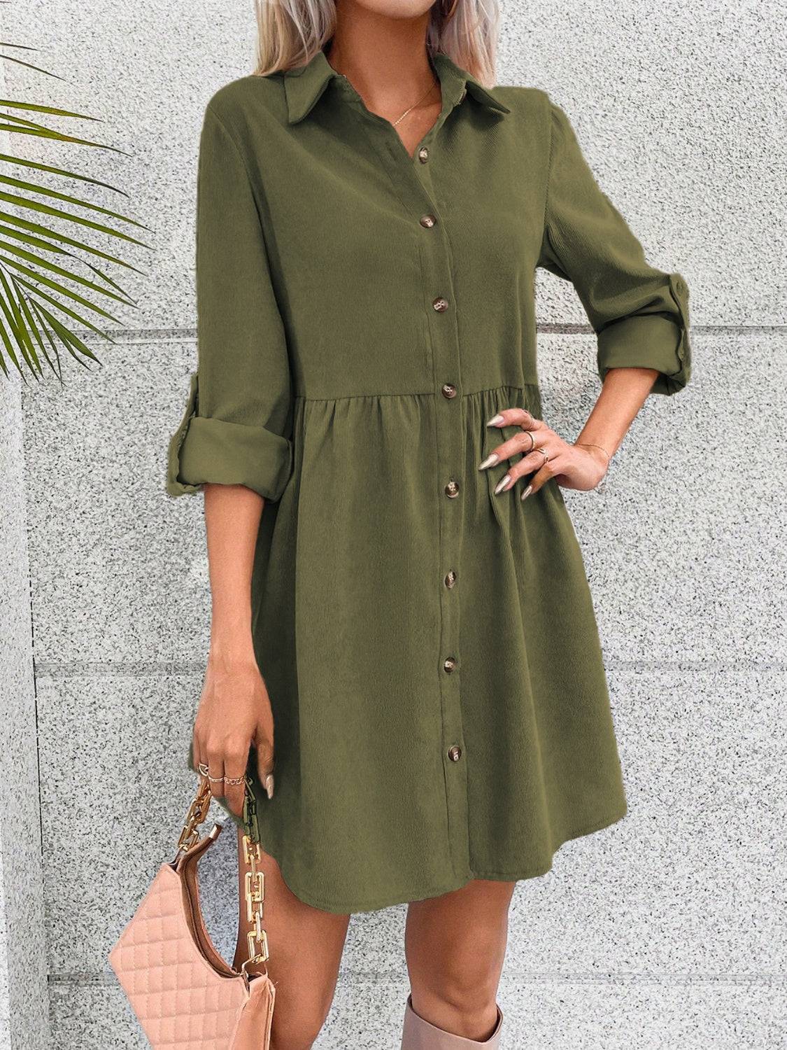 Classic Button-Up Collared Dress with Rolled Sleeves