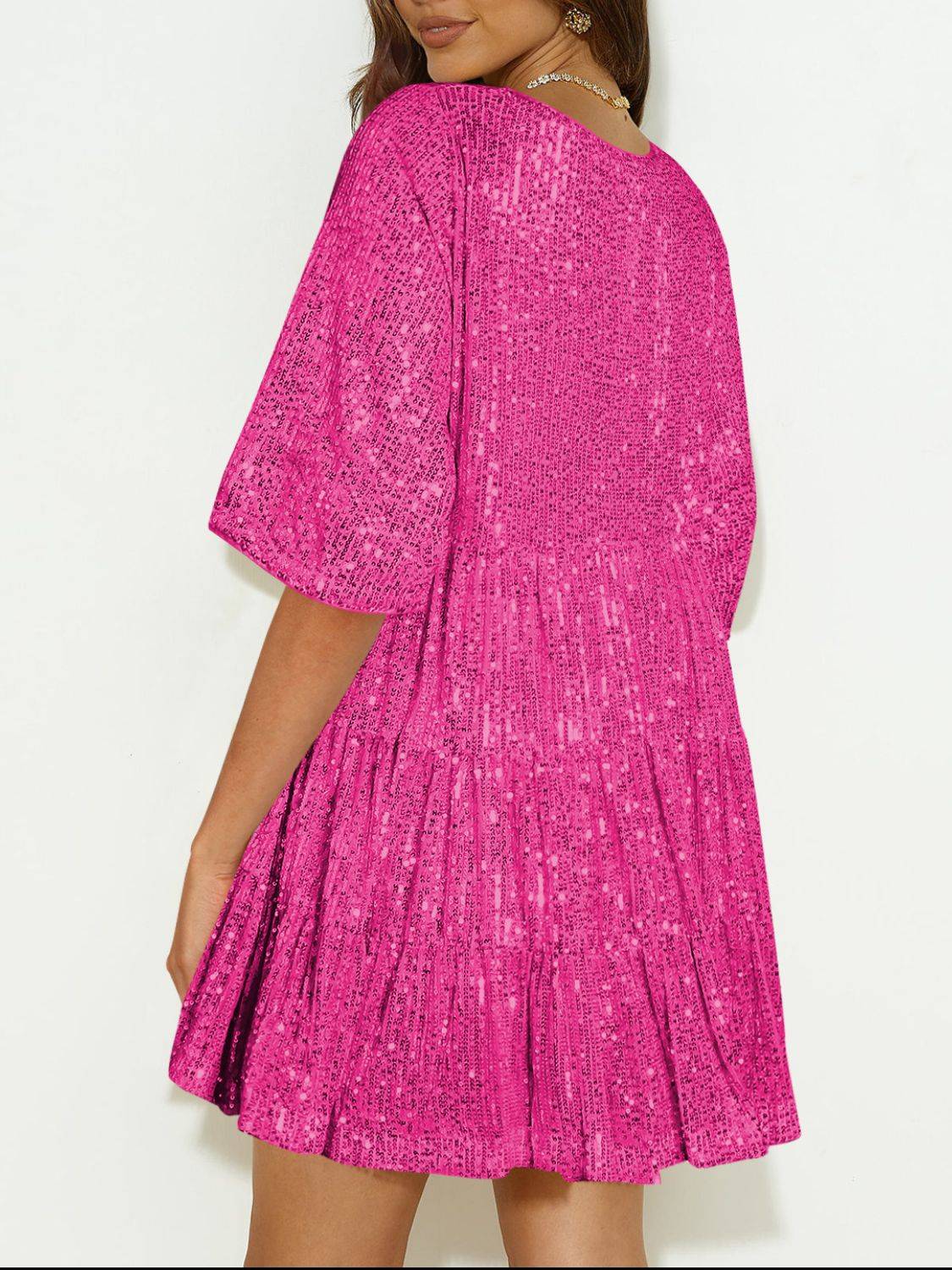 Sequin Mini Dress | Round Neck and Half Sleeve Sparkle Dress