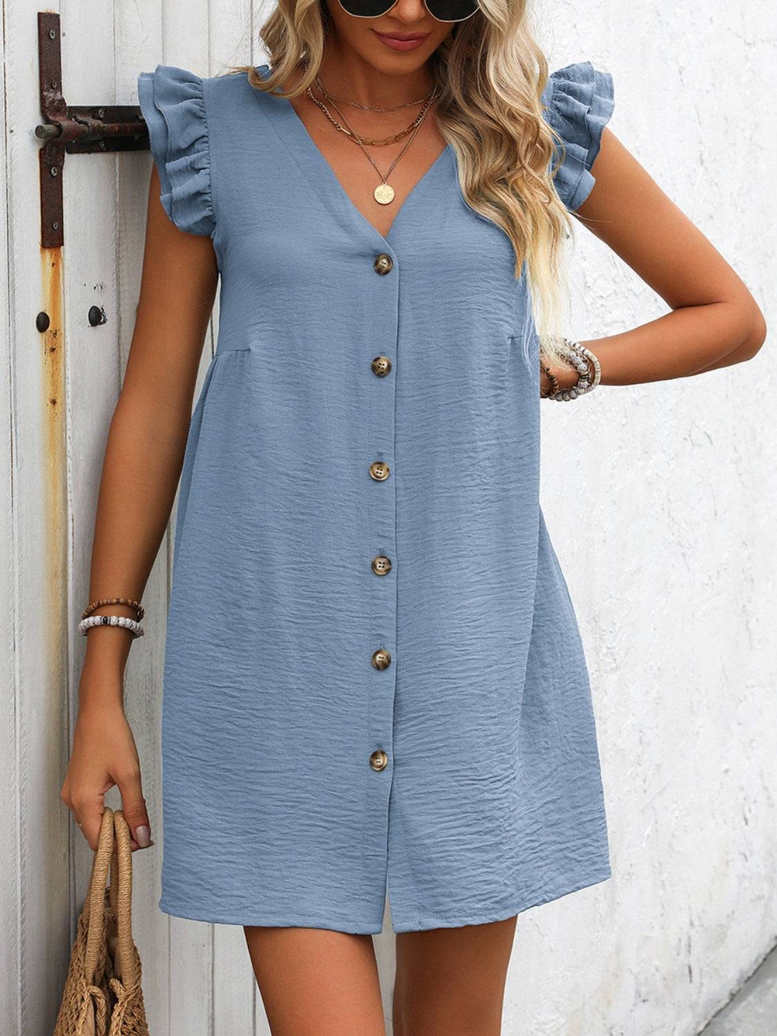 Button Up Mini Dress with V-Neck and Ruffled Sleeves