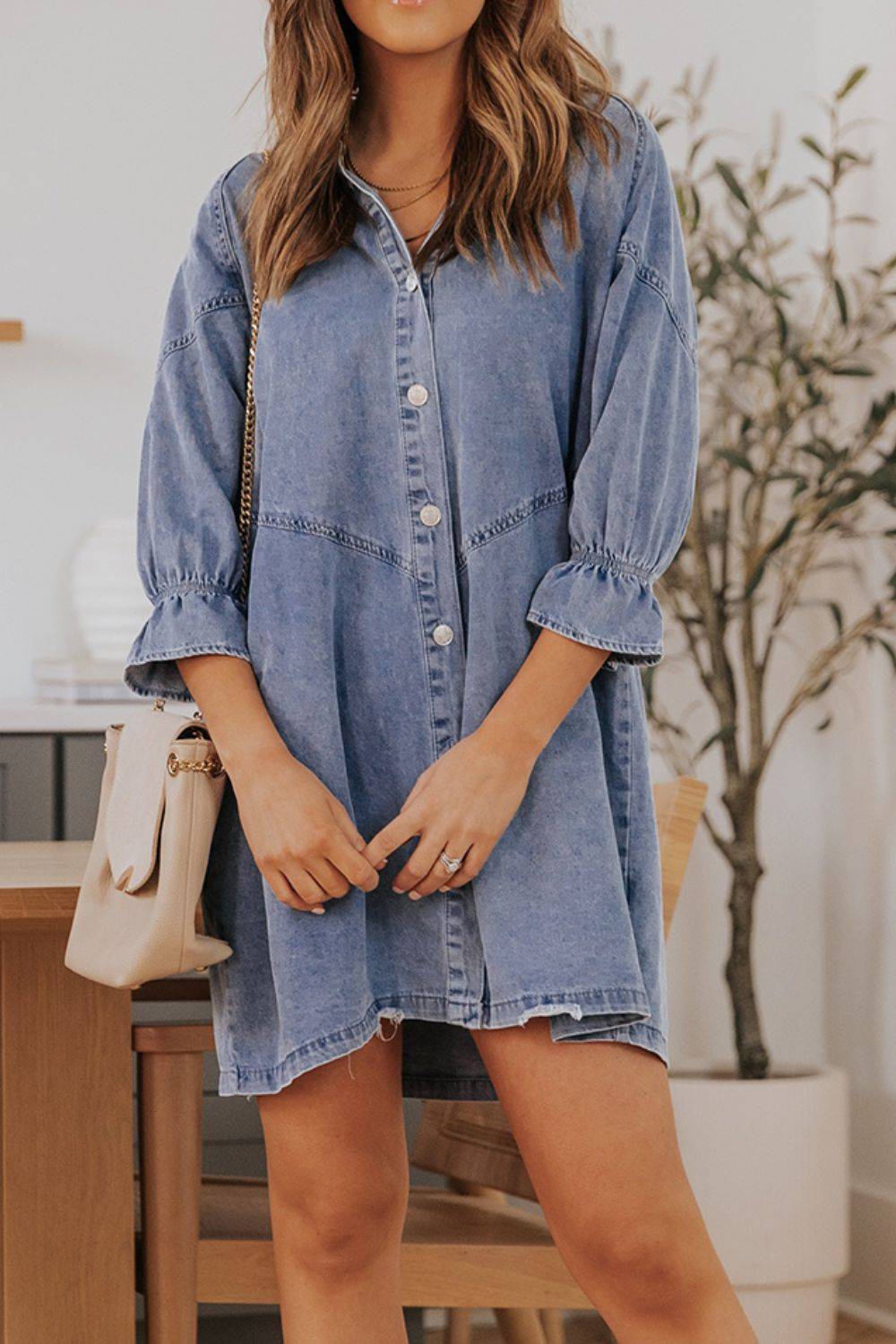 Distressed Denim Dress with Flounce Sleeves | Timeless Casual Elegance