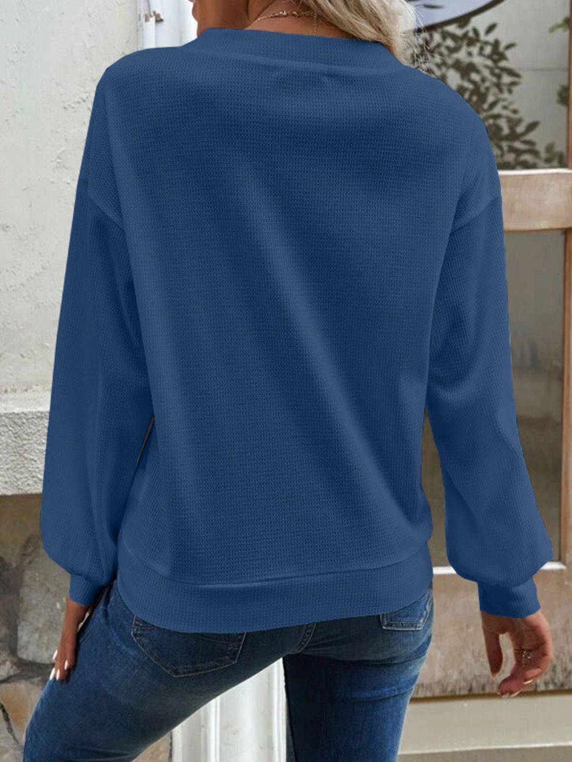 V-Neck Waffle Knit Blouse with Long Sleeves | Casual Everyday Style